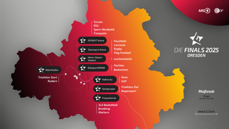 Grafik: Die Finals / Die Sportstätten bei Die Finals 2025 in Dresden mit der Traumkulisse Semperoper für die Bogensportler.